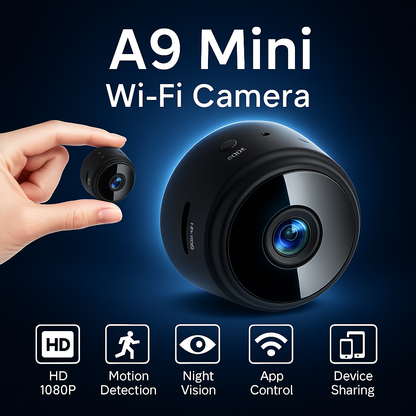 A9 Mini WiFi Camera with HD 1080p lens, night vision, motion detection, and mobile connectivity – compact security solution available at ChinaCart.pk