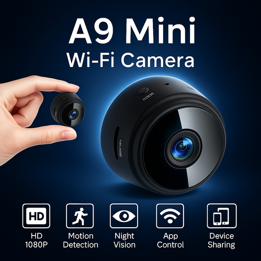 A9 Mini WiFi Camera with HD 1080p lens, night vision, motion detection, and mobile connectivity – compact security solution available at ChinaCart.pk