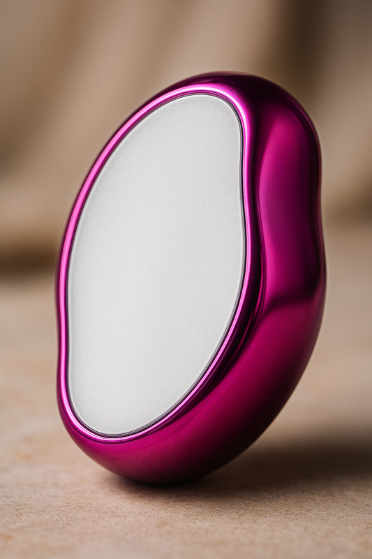 Modern crystal hair eraser with a glossy magenta body and smooth white exfoliating surface, photographed stylishly on a soft beige background with a professional camera look."