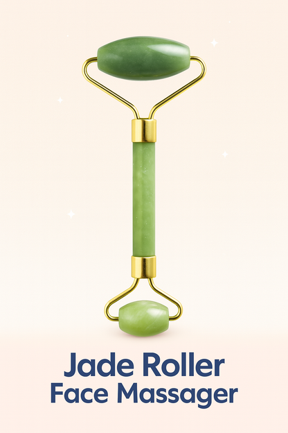 Natural Jade Roller Face Massager with dual-ended green jade stones and golden frame.