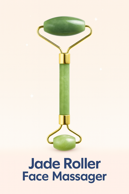 Natural Jade Roller Face Massager with dual-ended green jade stones and golden frame.